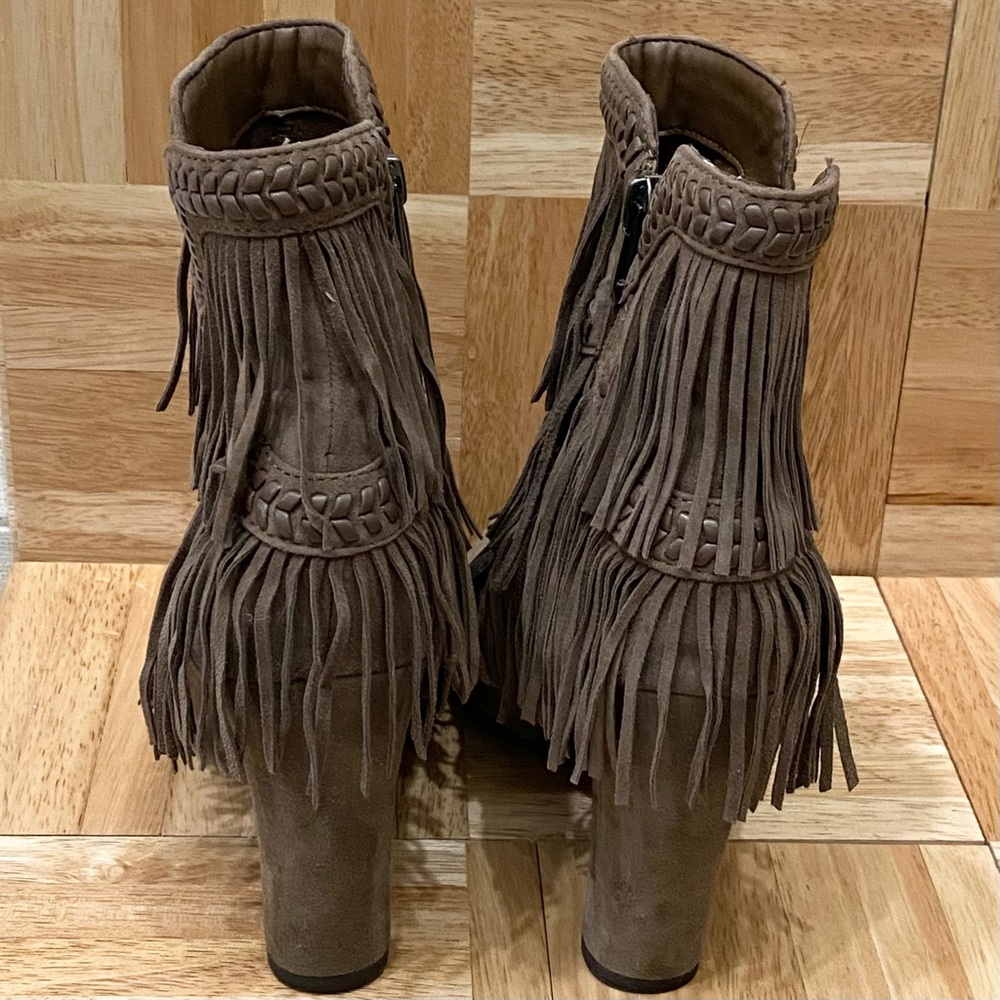 SAM EDELMAN “Kaleb” Taupe Fringe Suede Leather Ankle Booties Size 8.5 - Picture 6 of 16